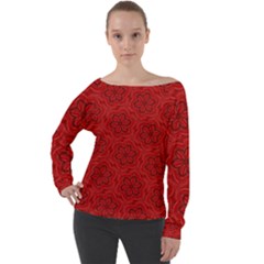 Floral Pattern Background Flowers Off Shoulder Long Sleeve Velour Top