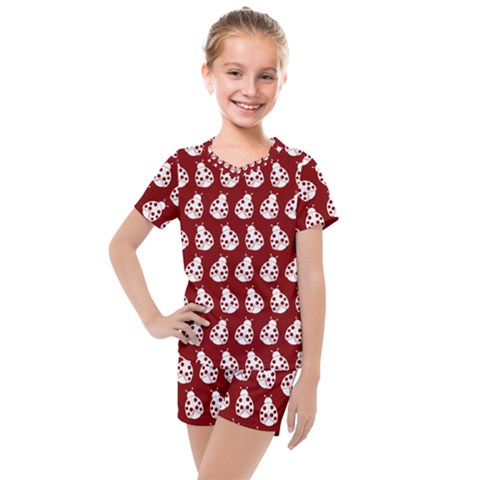 Ladybug Vector Geometric Tile Pattern Kids  Mesh Tee And Shorts Set by GardenOfOphir