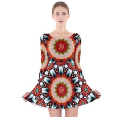 Kaleidoscope Floral Pattern Rosette Long Sleeve Velvet Skater Dress