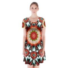 Kaleidoscope Floral Pattern Rosette Short Sleeve V-neck Flare Dress