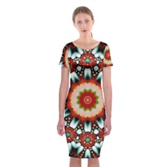 Kaleidoscope Floral Pattern Rosette Classic Short Sleeve Midi Dress