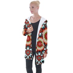 Kaleidoscope Floral Pattern Rosette Longline Hooded Cardigan