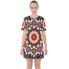 Kaleidoscope Floral Pattern Rosette Sixties Short Sleeve Mini Dress