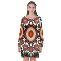 Kaleidoscope Floral Pattern Rosette Long Sleeve Chiffon Shift Dress 