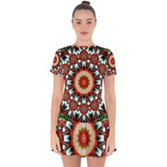 Kaleidoscope Floral Pattern Rosette Drop Hem Mini Chiffon Dress