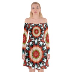 Kaleidoscope Floral Pattern Rosette Off Shoulder Skater Dress