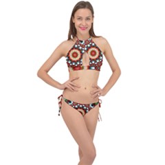 Kaleidoscope Floral Pattern Rosette Cross Front Halter Bikini Set