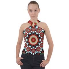 Kaleidoscope Floral Pattern Rosette Cross Neck Velour Top