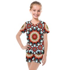 Kaleidoscope Floral Pattern Rosette Kids  Mesh Tee And Shorts Set