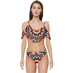 Kaleidoscope Floral Pattern Rosette Ruffle Edge Tie Up Bikini Set	