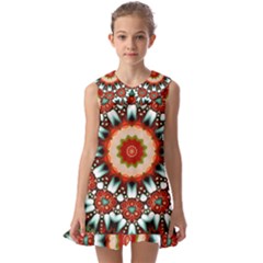 Kaleidoscope Floral Pattern Rosette Kids  Pilgrim Collar Ruffle Hem Dress