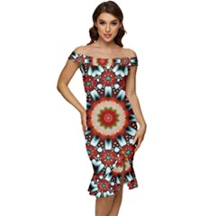 Kaleidoscope Floral Pattern Rosette Off Shoulder Ruffle Split Hem Bodycon Dress