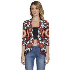 Kaleidoscope Floral Pattern Rosette Women s 3/4 Sleeve Ruffle Edge Open Front Jacket