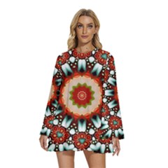 Kaleidoscope Floral Pattern Rosette Round Neck Long Sleeve Bohemian Style Chiffon Mini Dress by Jancukart