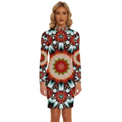 Kaleidoscope Floral Pattern Rosette Long Sleeve Shirt Collar Bodycon Dress by Jancukart