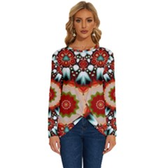 Kaleidoscope Floral Pattern Rosette Long Sleeve Crew Neck Pullover Top by Jancukart