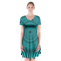 Illusion Geometric Background Short Sleeve V-neck Flare Dress