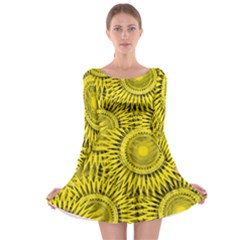 Abstract Sun Pattern Yellow Background Long Sleeve Skater Dress