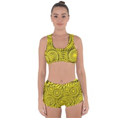 Abstract Sun Pattern Yellow Background Racerback Boyleg Bikini Set