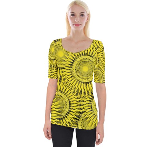 Abstract Sun Pattern Yellow Background Wide Neckline Tee by Jancukart