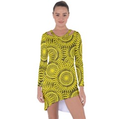 Abstract Sun Pattern Yellow Background Asymmetric Cut-out Shift Dress by Jancukart