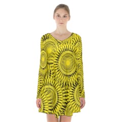 Abstract Sun Pattern Yellow Background Long Sleeve Velvet V-neck Dress