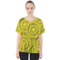 Abstract Sun Pattern Yellow Background V-neck Dolman Drape Top