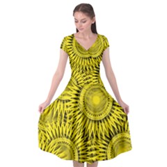 Abstract Sun Pattern Yellow Background Cap Sleeve Wrap Front Dress