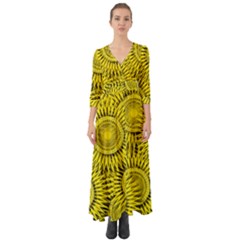 Abstract Sun Pattern Yellow Background Button Up Boho Maxi Dress