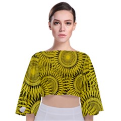 Abstract Sun Pattern Yellow Background Tie Back Butterfly Sleeve Chiffon Top