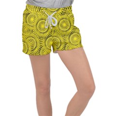 Abstract Sun Pattern Yellow Background Women s Velour Lounge Shorts