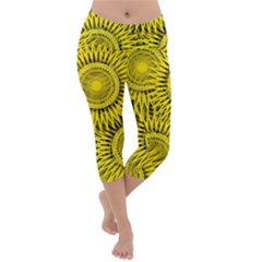 Abstract Sun Pattern Yellow Background Lightweight Velour Capri Yoga Leggings by Jancukart