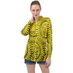 Abstract Sun Pattern Yellow Background Long Sleeve Satin Shirt