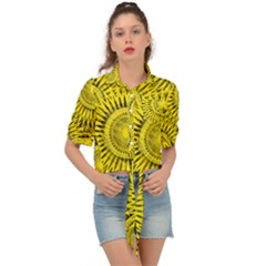 Abstract Sun Pattern Yellow Background Tie Front Shirt 