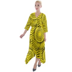 Abstract Sun Pattern Yellow Background Quarter Sleeve Wrap Front Maxi Dress