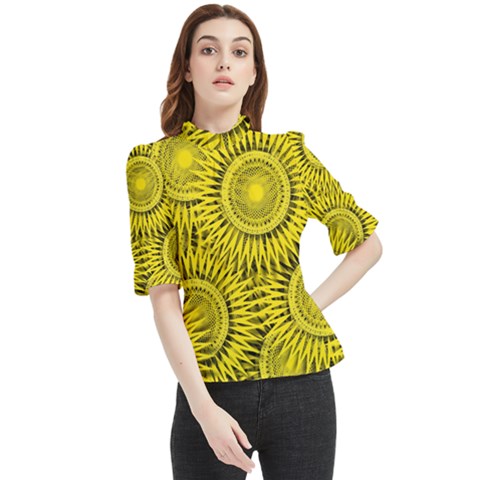 Abstract Sun Pattern Yellow Background Frill Neck Blouse by Jancukart