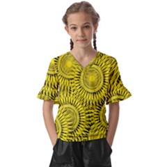 Abstract Sun Pattern Yellow Background Kids  V-neck Horn Sleeve Blouse by Jancukart