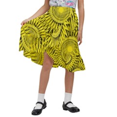 Abstract Sun Pattern Yellow Background Kids  Ruffle Flared Wrap Midi Skirt by Jancukart