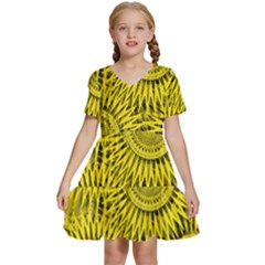 Abstract Sun Pattern Yellow Background Kids  Short Sleeve Tiered Mini Dress