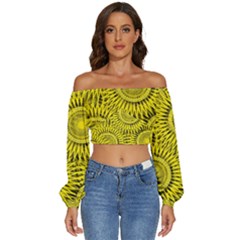 Abstract Sun Pattern Yellow Background Long Sleeve Crinkled Weave Crop Top by Jancukart