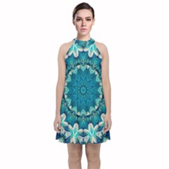 Kaleidoscope Mandala Ornament Velvet Halter Neckline Dress 