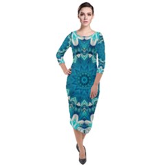 Kaleidoscope Mandala Ornament Quarter Sleeve Midi Velour Bodycon Dress