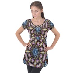 Abstract Kaleidoscope Digital Puff Sleeve Tunic Top