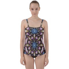 Abstract Kaleidoscope Digital Twist Front Tankini Set