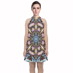 Abstract Kaleidoscope Digital Velvet Halter Neckline Dress 