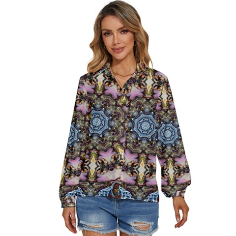 Abstract Kaleidoscope Digital Women s Long Sleeve Button Down Shirt by Jancukart