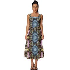 Abstract Kaleidoscope Digital Square Neckline Tiered Midi Dress