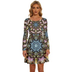 Abstract Kaleidoscope Digital Long Sleeve Wide Neck Velvet Dress