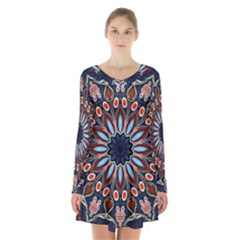 Abstract Kaleidoscope Digital Long Sleeve Velvet V-neck Dress