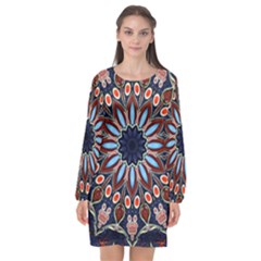 Abstract Kaleidoscope Digital Long Sleeve Chiffon Shift Dress 